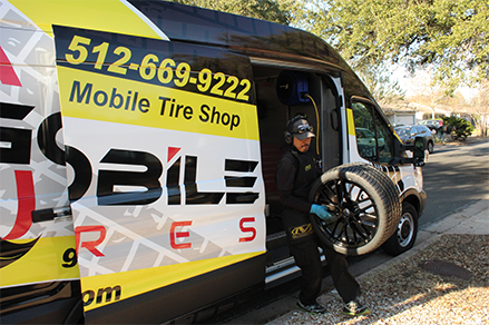 IMG 1_Go Mobile photo (1) GoMobile Tires ATX is a 100% mobile, full-service tire and lube shop that comes to you wherever you live, work or play! Our ASE-certified technicians and state of the art equipment can handle tire installation, TPMS sensors, flat repair, tire rotation, oil changes, brakes, batteries and more! And we service fleets, too!